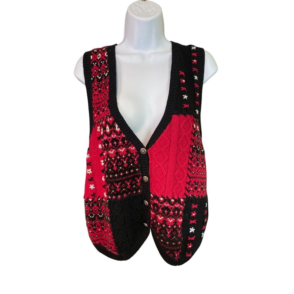 Vintage Jantzen Classics Sweater Vest S Embroidered Patchwork Knit Folkcore Y2K